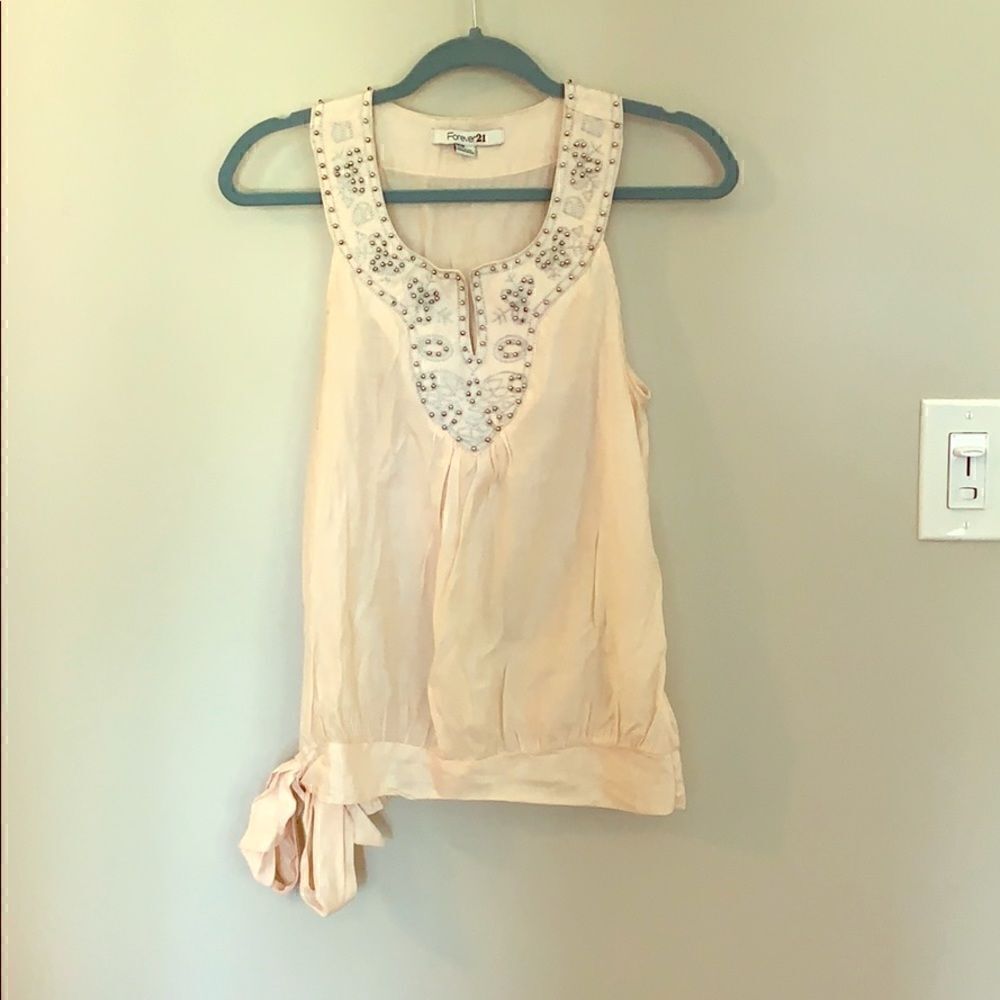 Forever 21 Women's Peach Embellished Split Neck Side Tie Sleeveless Top